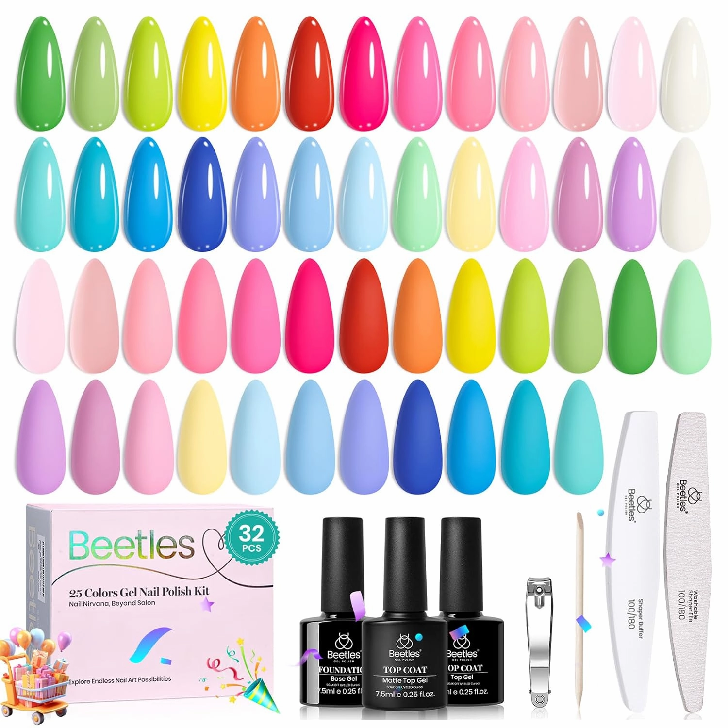 Beetles Summer Gel Nail Polish Set 25 Colors Pastel Jelly Neon Gel Polish Rustic Sonata with Base Coat Glossy & Matte Top Coat White Blue Pink Orange DIY Salon Nail Manicure Kit Pink Gifts for Women