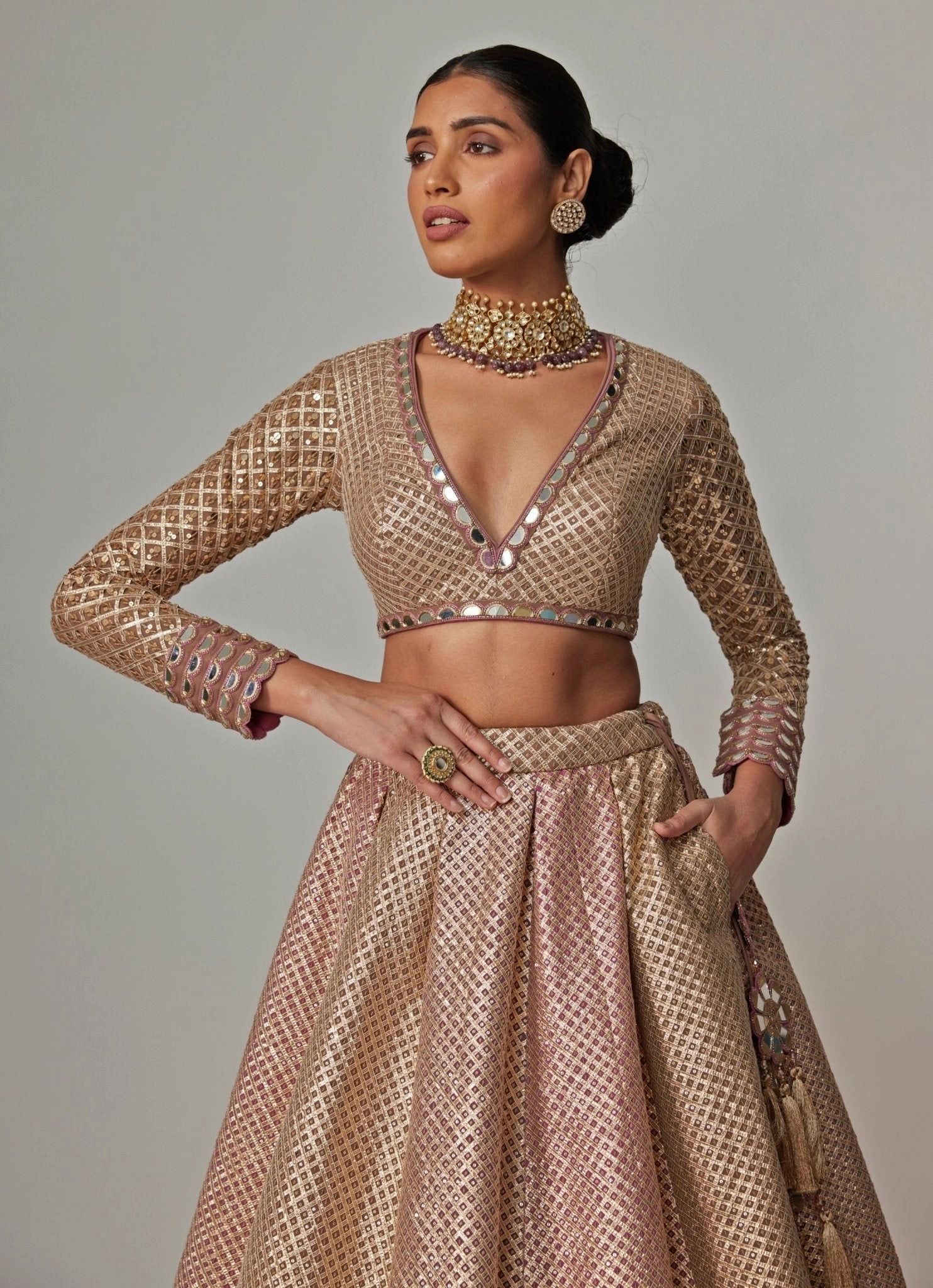 Beige And Blush Pink Embroidered Lehenga With Full Sleeve Blouse