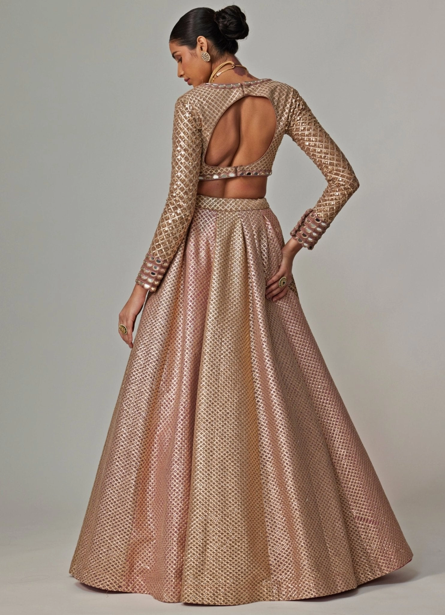 Beige And Blush Pink Embroidered Lehenga With Full Sleeve Blouse