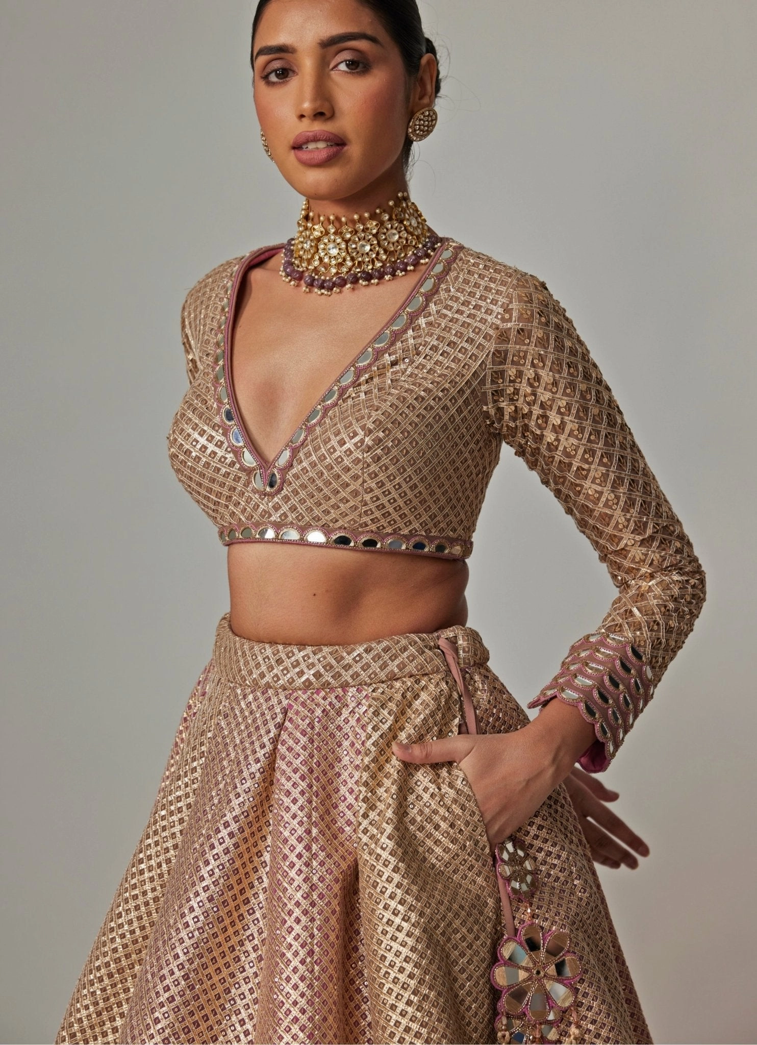 Beige And Blush Pink Embroidered Lehenga With Full Sleeve Blouse