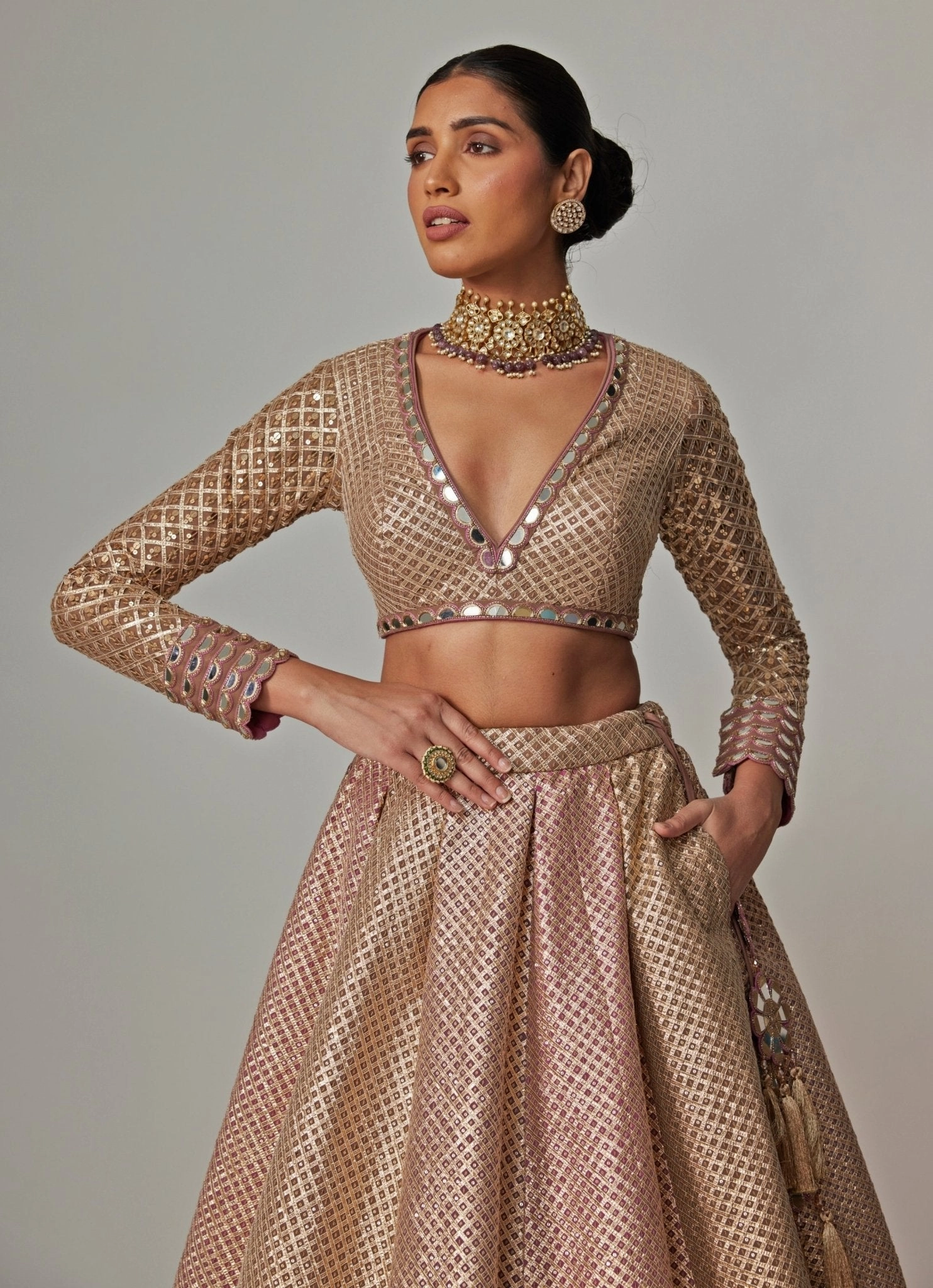 Beige And Blush Pink Embroidered Lehenga With Full Sleeve Blouse