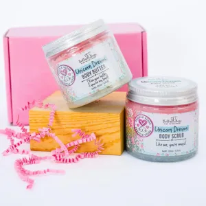 Bella & Bear Unicorn Dreams Gift Set - 3-in-1 Body Scrub & Goddess Body Butter in Glossy Pink Box - Vegan, Cruelty-Free, Mango-Pineapple-Vanilla Scent