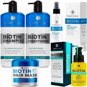BELLISSO Biotin Shampoo and Conditioner Set, Hair Thickening Serum, Hair Mask, Heat Protectant Spray with Moroccan Argan Oil for Hair Volume, Thickness and Damage Repair