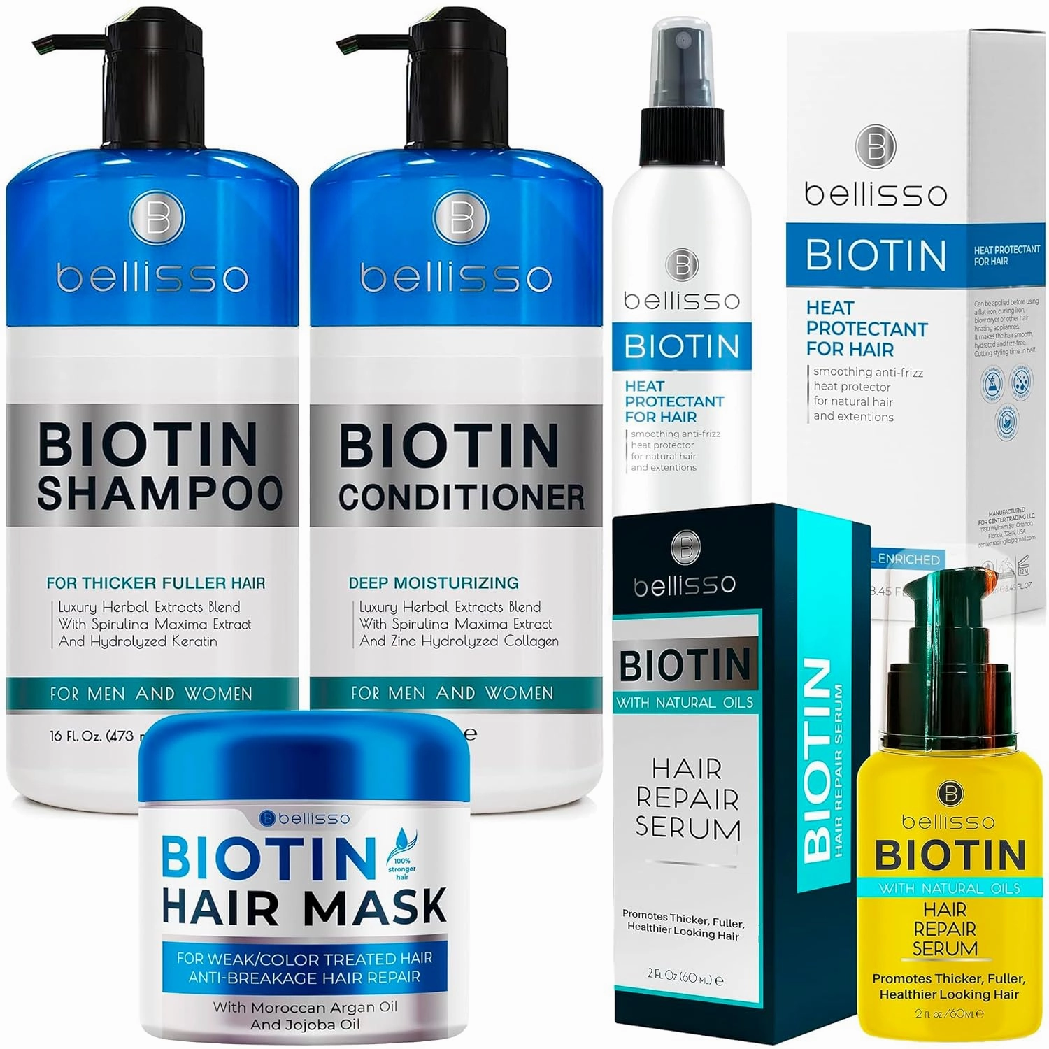 BELLISSO Biotin Shampoo and Conditioner Set, Hair Thickening Serum, Hair Mask, Heat Protectant Spray with Moroccan Argan Oil for Hair Volume, Thickness and Damage Repair