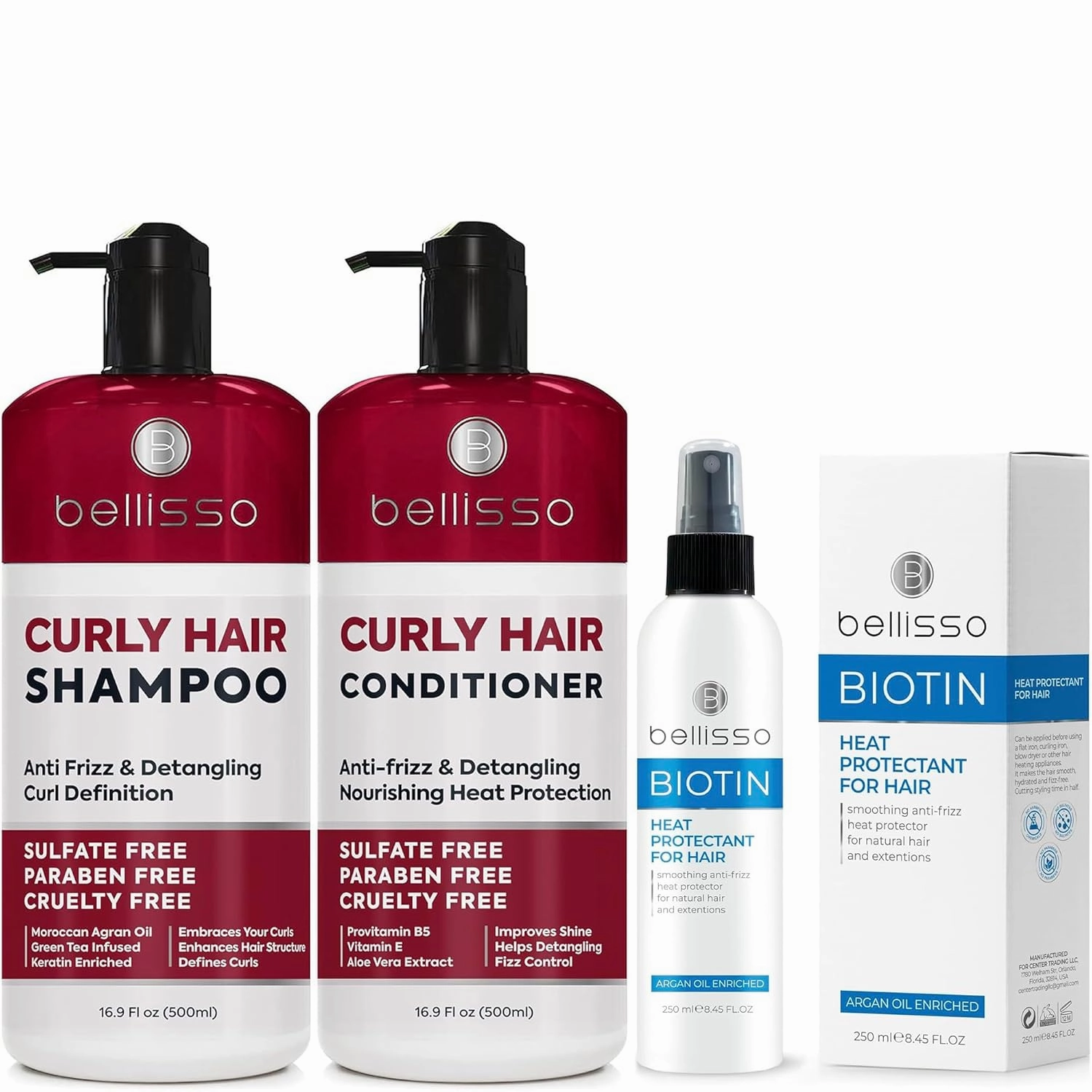 BELLISSO Curly Hair Shampoo and Conditioner Set and Biotin Heat Protection Hair Spray with Moroccan Argan Oil