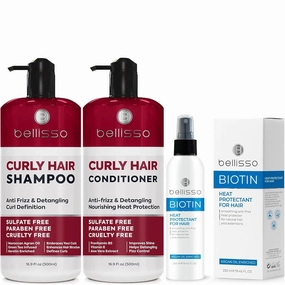 BELLISSO Curly Hair Shampoo and Conditioner Set and Biotin Heat Protection Hair Spray with Moroccan Argan Oil