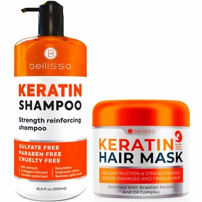 Bellisso Keratin Shampoo and Conditioner Mask, Sulfate and Paraben Free - Anti Frizz Treatment for Dry Damaged Hair with Collagen - Deep Cleans, Strengthens, and Nourishes with Natural Essences