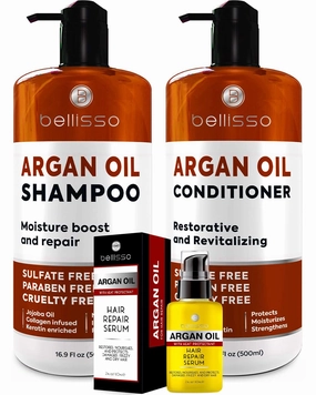 BELLISSO Moroccan Argan Oil Shampoo and Conditioner Set and Moroccan Argan Oil Serum
