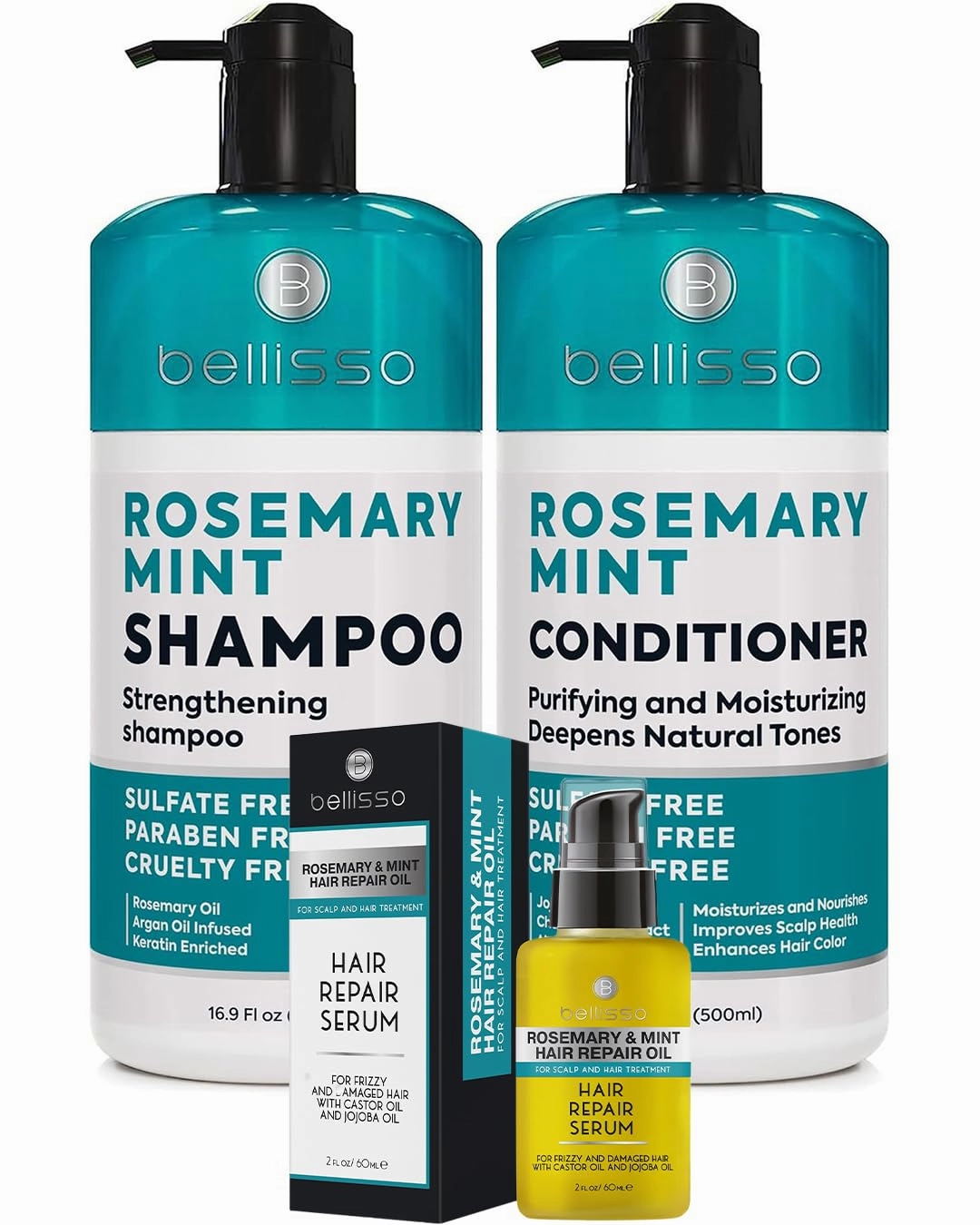 BELLISSO Rosemary Oil and Mint Shampoo and Conditioner Set and Rosemary Mint Oil Hair Serum