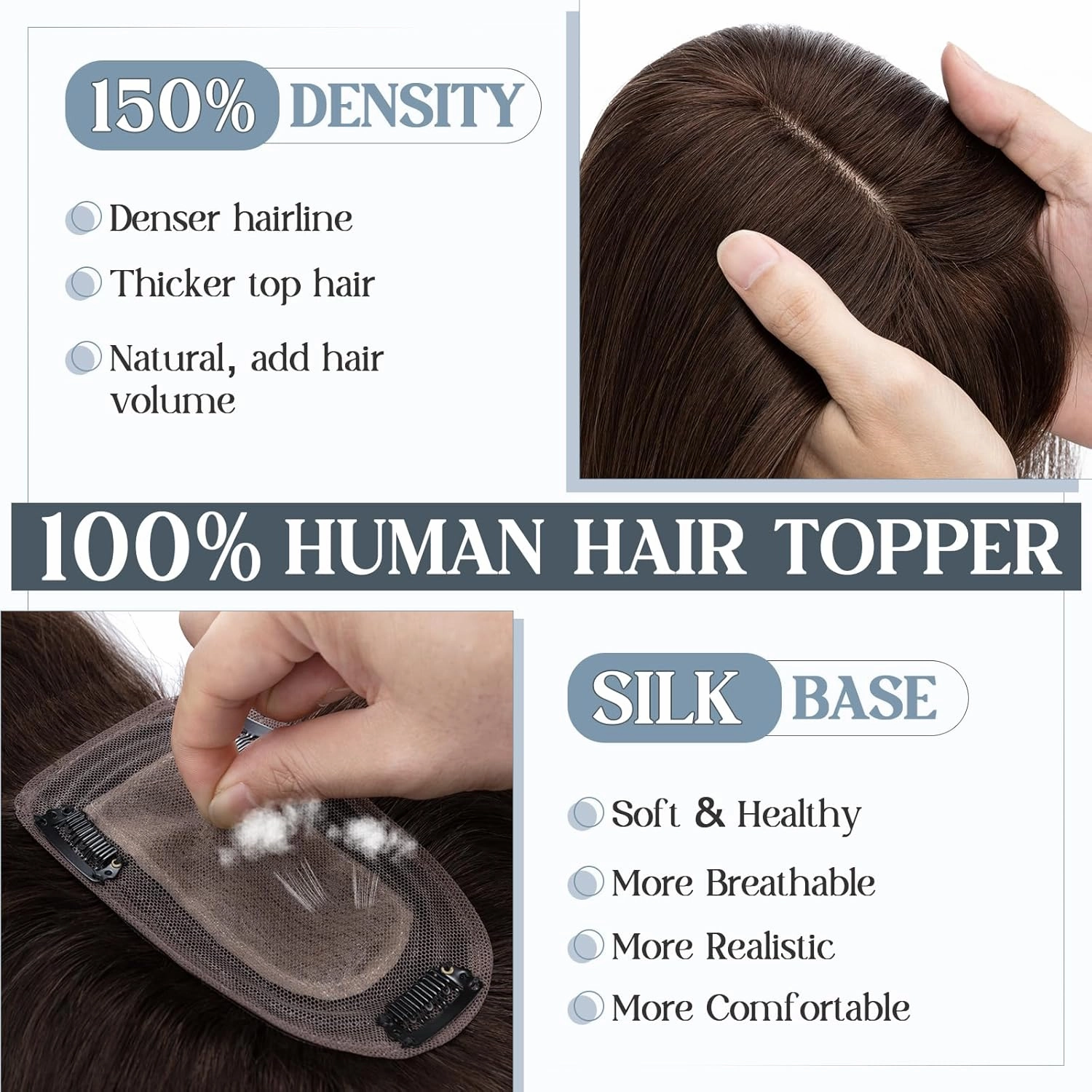 Benehair Hair Toppers for Women Real Human Hair With Bangs 150% Density Remy Human Hair 7 * 13 CM Silk Base Clip in Hair Pieces for Women with Thinning Hair 12 Inch #2 Dark Brown