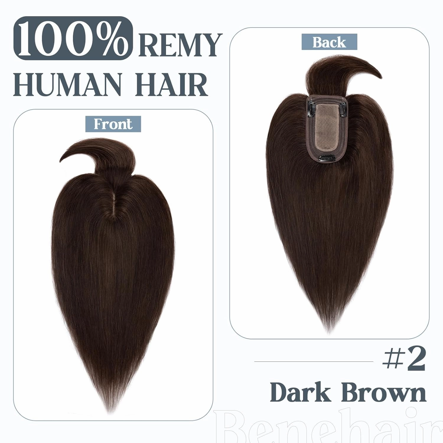 Benehair Hair Toppers for Women Real Human Hair With Bangs 150% Density Remy Human Hair 7 * 13 CM Silk Base Clip in Hair Pieces for Women with Thinning Hair 12 Inch #2 Dark Brown