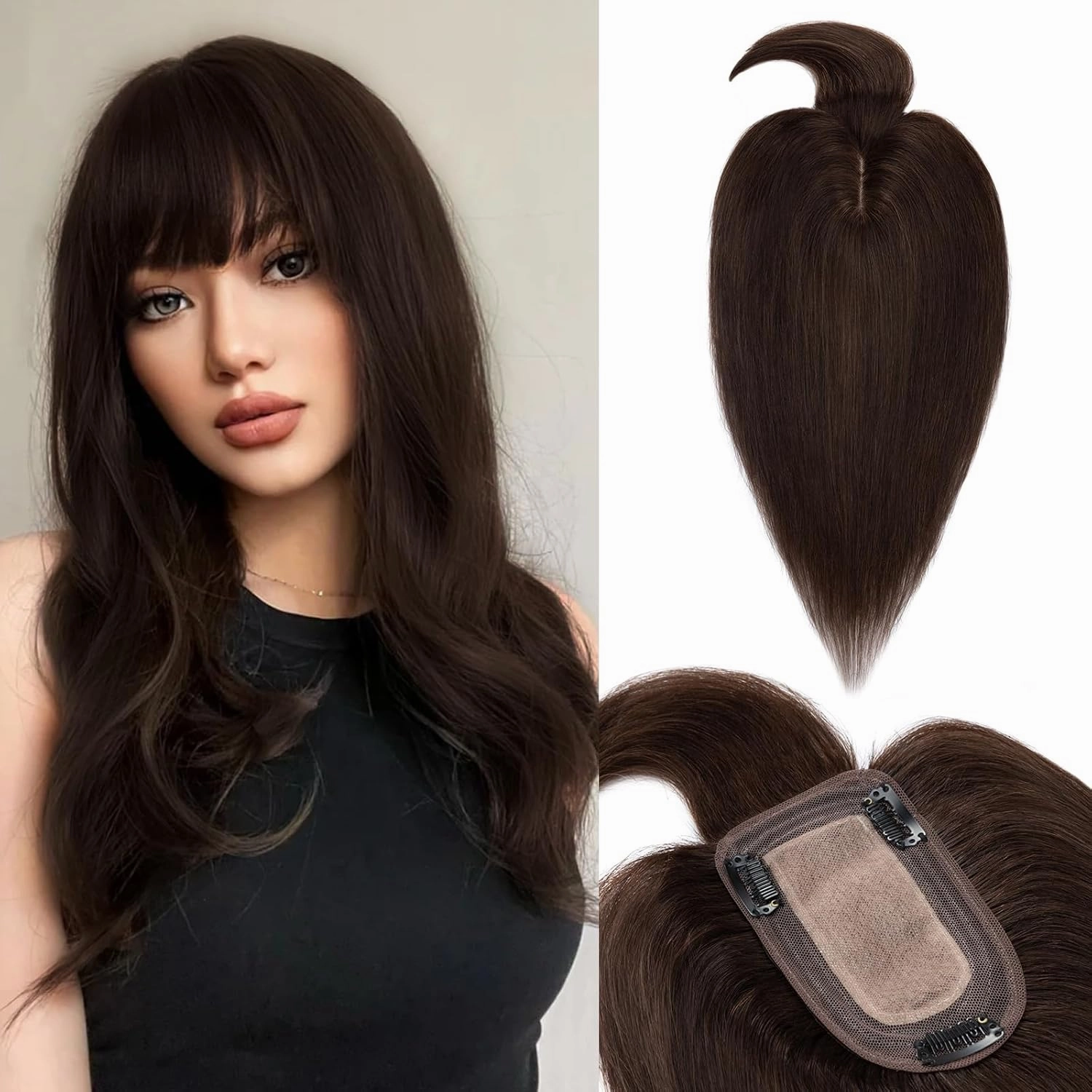 Benehair Hair Toppers for Women Real Human Hair With Bangs 150% Density Remy Human Hair 7 * 13 CM Silk Base Clip in Hair Pieces for Women with Thinning Hair 12 Inch #2 Dark Brown