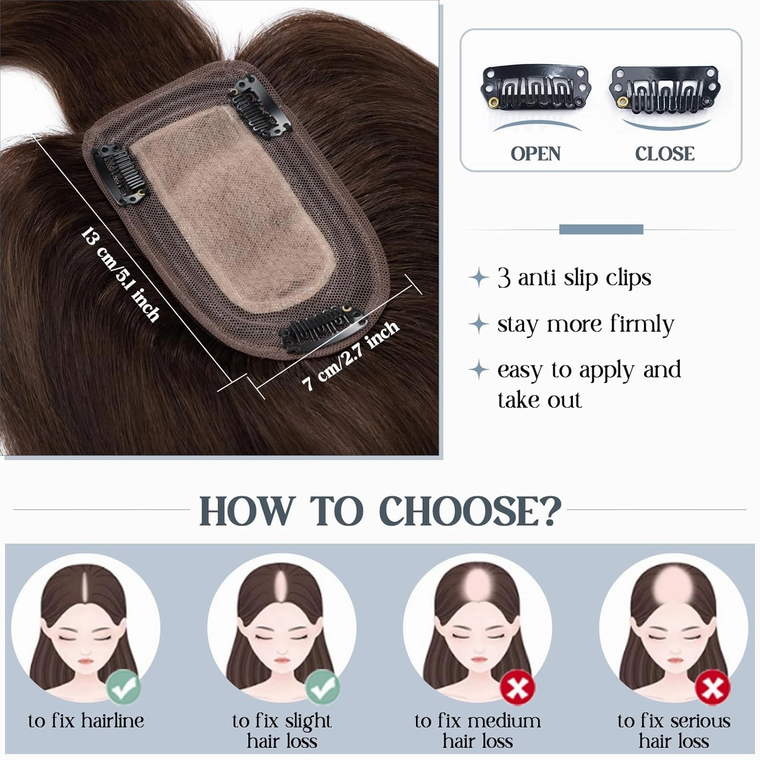 Benehair Hair Toppers for Women Real Human Hair With Bangs 150% Density Remy Human Hair 7 * 13 CM Silk Base Clip in Hair Pieces for Women with Thinning Hair 12 Inch #2 Dark Brown
