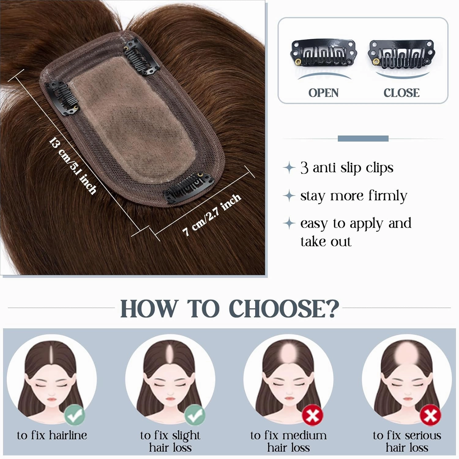 Benehair Hair Toppers for Women Real Human Hair With Bangs 150% Density Remy Human Hair 7 * 13 CM Silk Base Clip in Hair Pieces for Women with Thinning Hair 12 Inch #4 Medium Brown