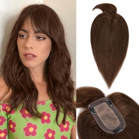 Benehair Hair Toppers for Women Real Human Hair With Bangs 150% Density Remy Human Hair 7 * 13 CM Silk Base Clip in Hair Pieces for Women with Thinning Hair 12 Inch #4 Medium Brown