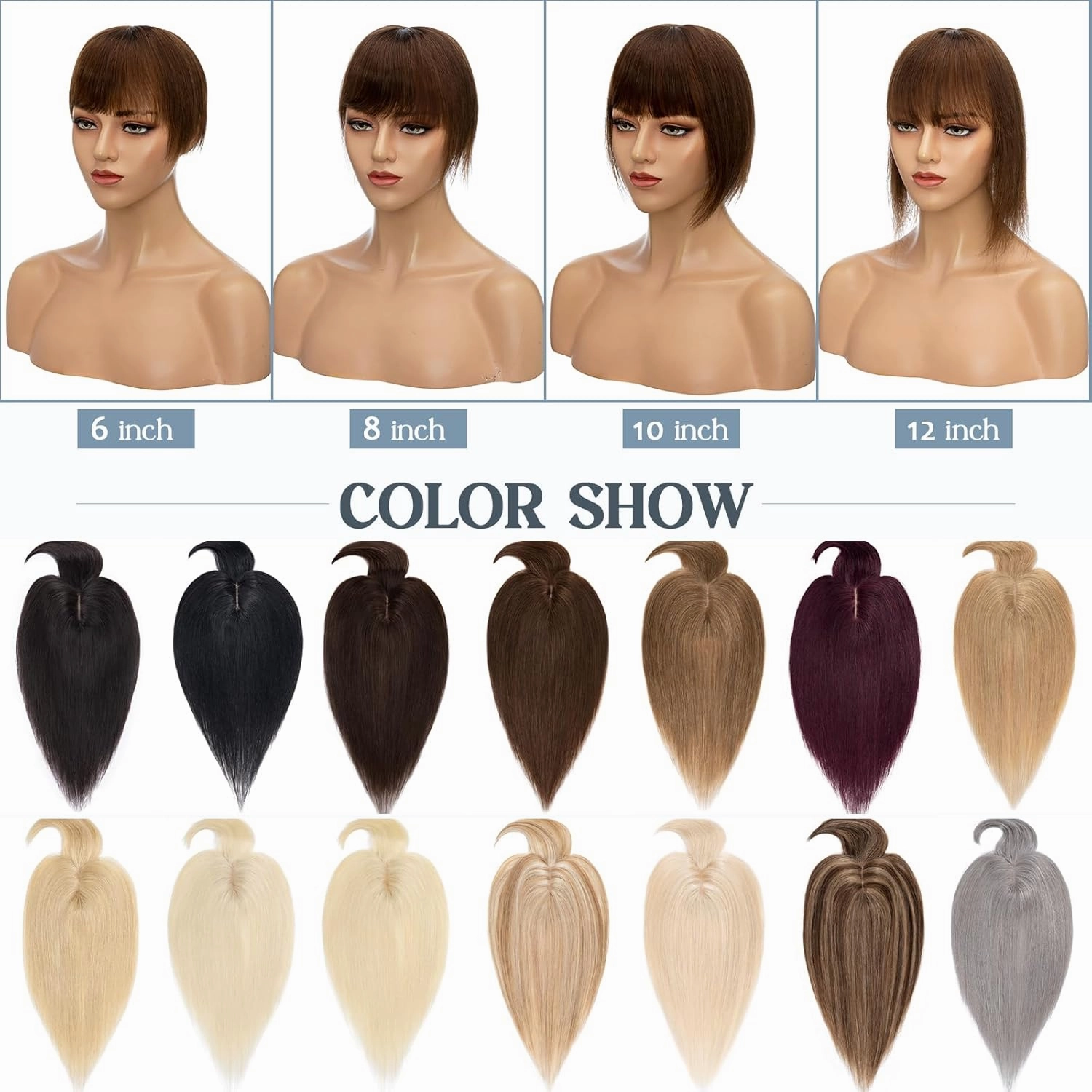 Benehair Hair Toppers for Women Real Human Hair With Bangs 150% Density Remy Human Hair 7 * 13 CM Silk Base Clip in Hair Pieces for Women with Thinning Hair 12 Inch #4 Medium Brown