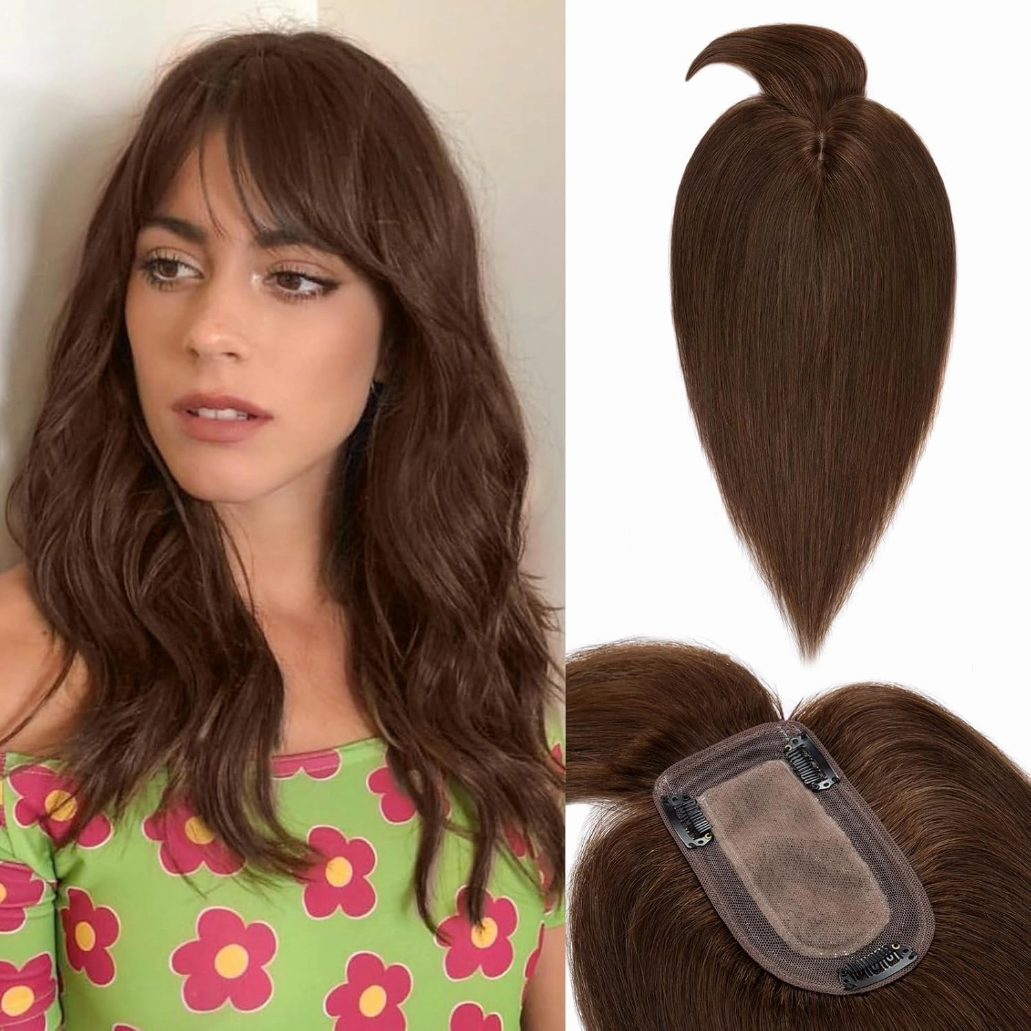 Benehair Hair Toppers for Women Real Human Hair With Bangs 150% Density Remy Human Hair 7 * 13 CM Silk Base Clip in Hair Pieces for Women with Thinning Hair 12 Inch #4 Medium Brown