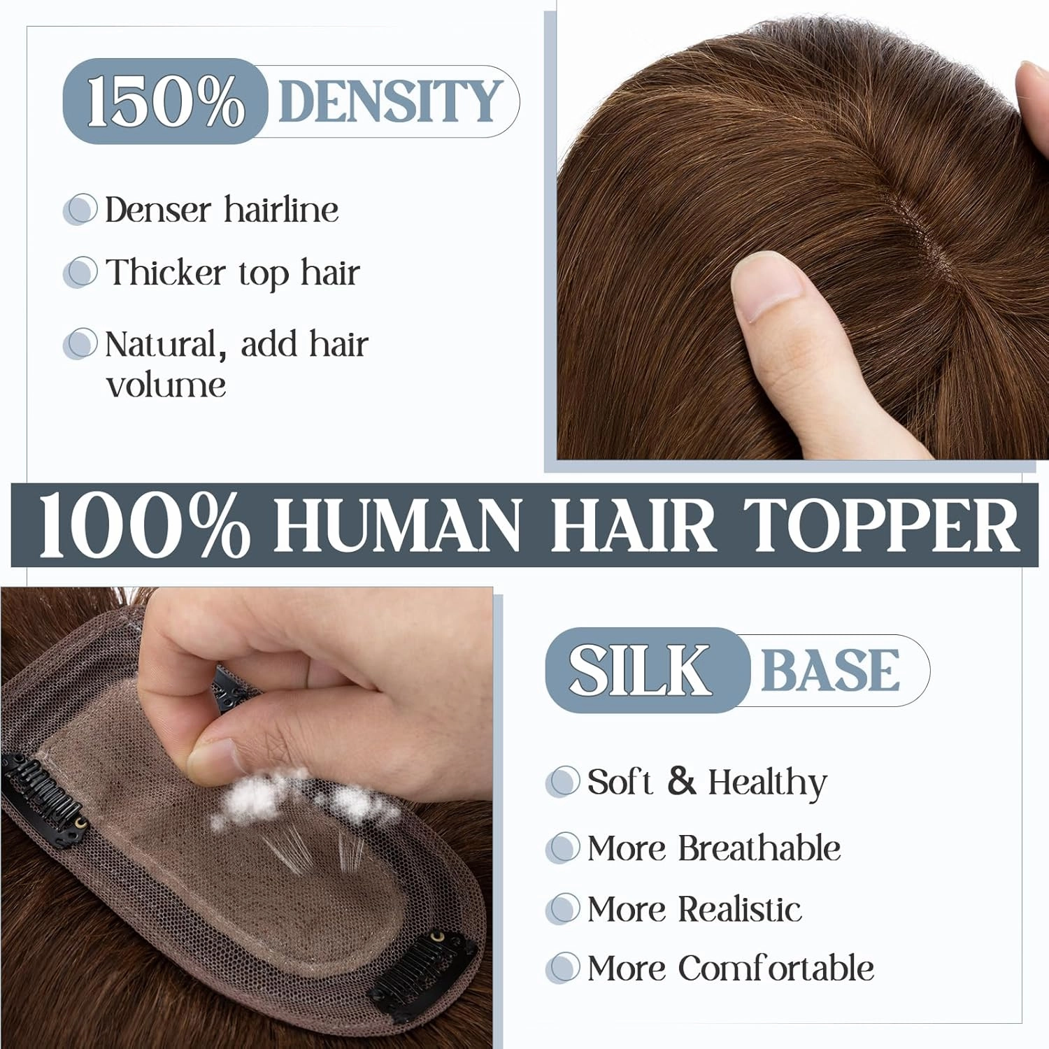 Benehair Hair Toppers for Women Real Human Hair With Bangs 150% Density Remy Human Hair 7 * 13 CM Silk Base Clip in Hair Pieces for Women with Thinning Hair 6 Inch #4 Medium Brown
