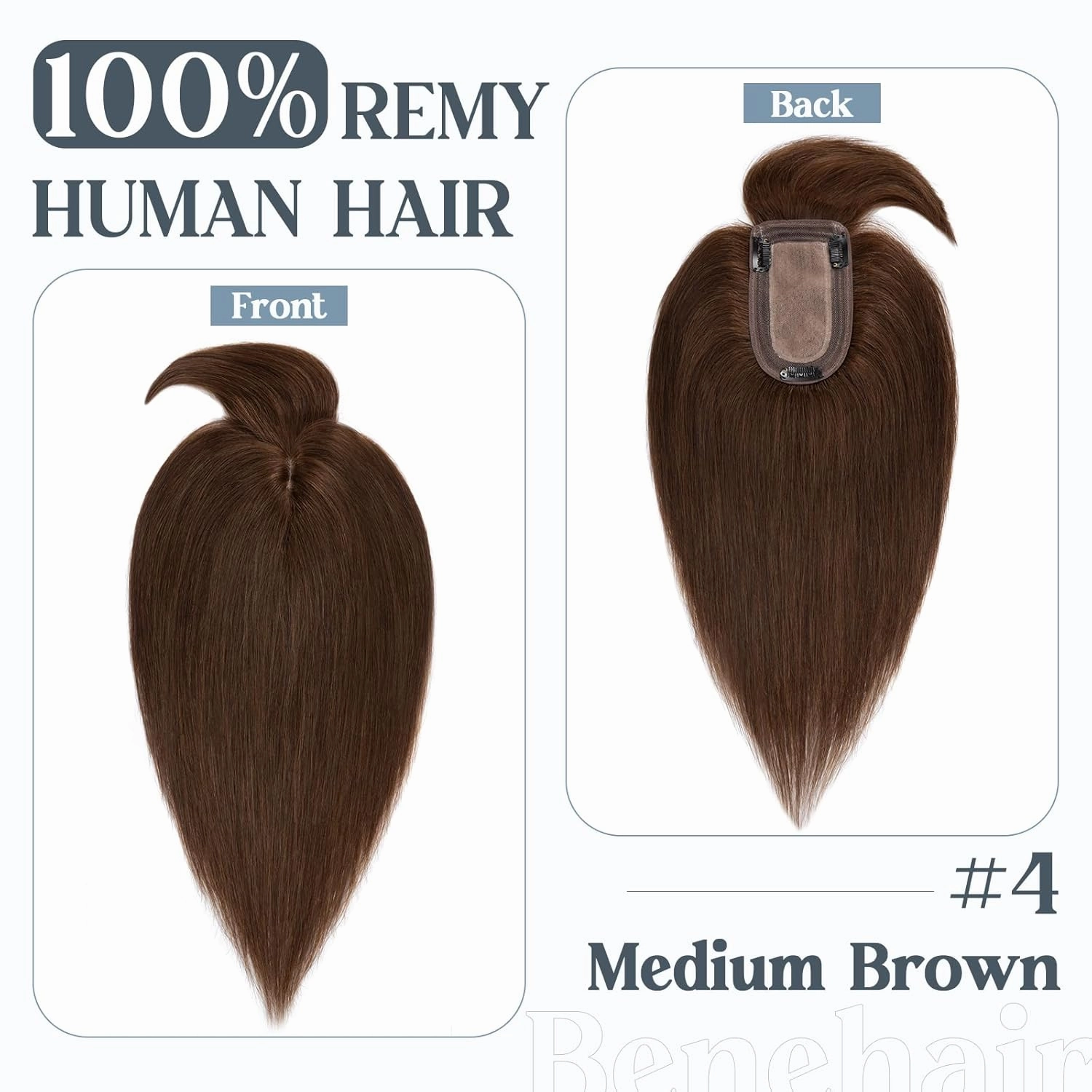 Benehair Hair Toppers for Women Real Human Hair With Bangs 150% Density Remy Human Hair 7 * 13 CM Silk Base Clip in Hair Pieces for Women with Thinning Hair 6 Inch #4 Medium Brown