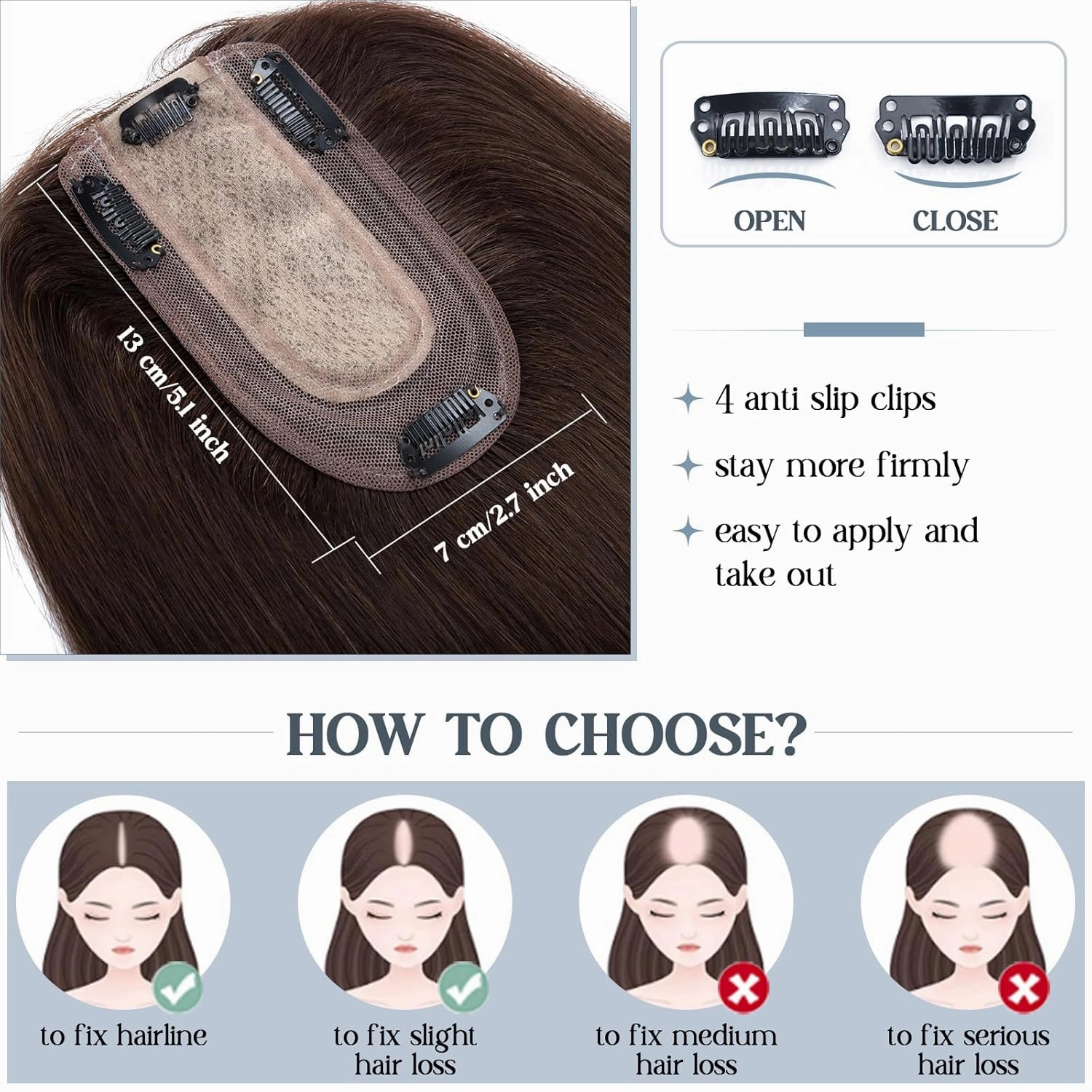 Benehair Human Hair Toppers for Women 100% Remy Human Hair 150% Density No Bangs 7 * 13 CM Silk Base Clip in Hair Pieces for Women 6 Inch #2 Dark Brown