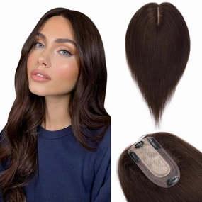 Benehair Human Hair Toppers for Women 100% Remy Human Hair 150% Density No Bangs 7 * 13 CM Silk Base Clip in Hair Pieces for Women 6 Inch #2 Dark Brown
