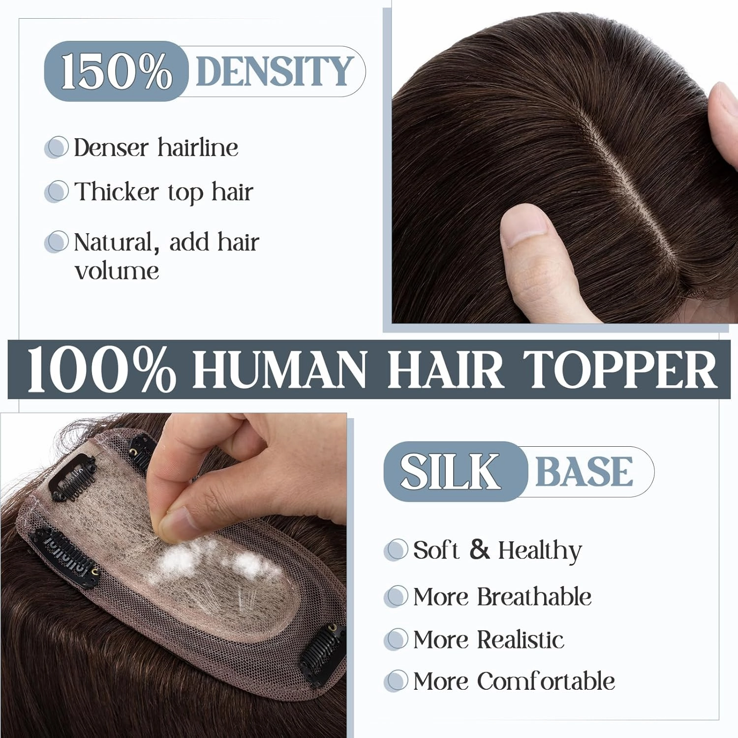 Benehair Human Hair Toppers for Women 100% Remy Human Hair 150% Density No Bangs 7 * 13 CM Silk Base Clip in Hair Pieces for Women 6 Inch #2 Dark Brown