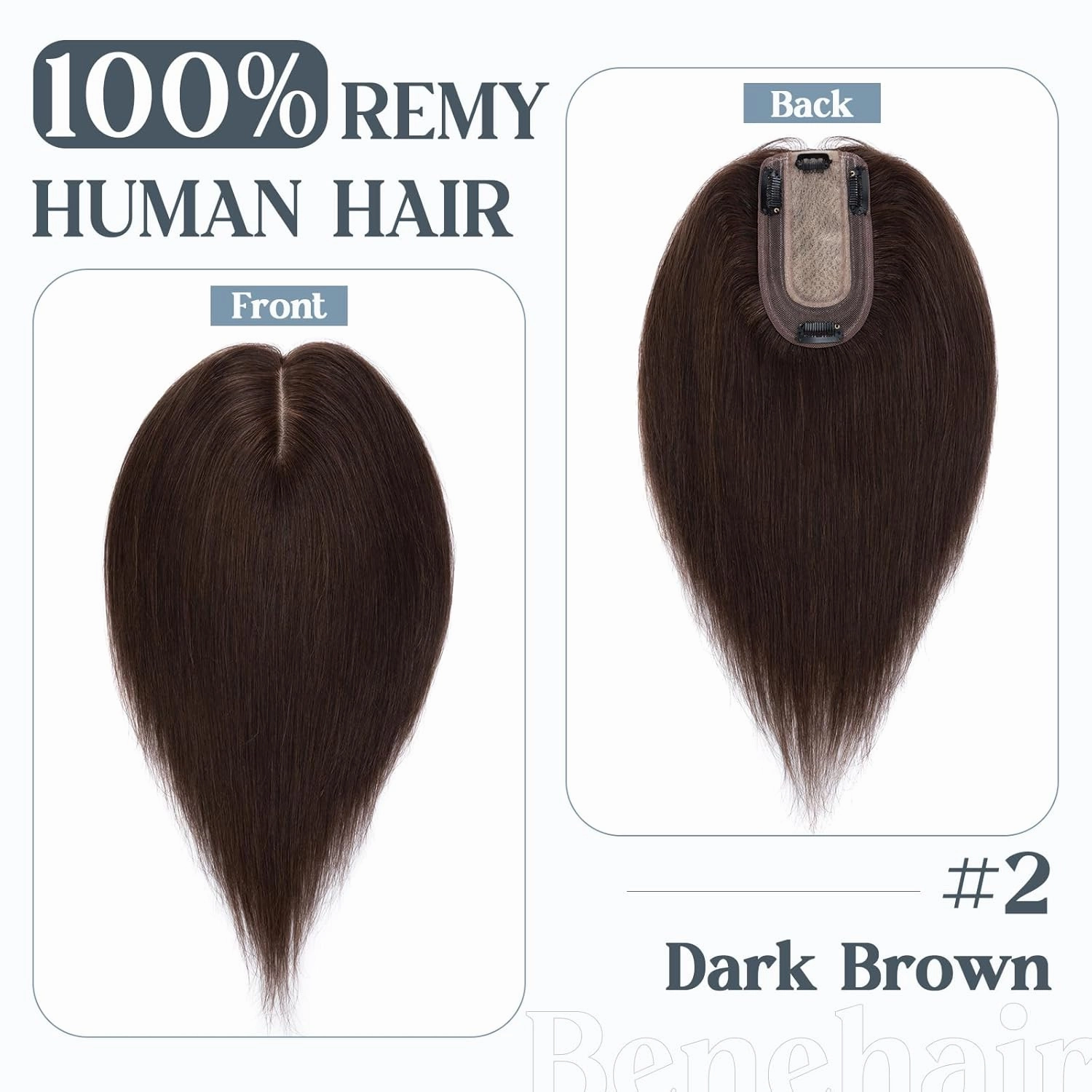 Benehair Human Hair Toppers for Women 100% Remy Human Hair 150% Density No Bangs 7 * 13 CM Silk Base Clip in Hair Pieces for Women 6 Inch #2 Dark Brown