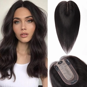 Benehair Human Hair Toppers for Women 100% Remy Human Hair 150% Density No Bangs Hair Topper 7 * 13 CM Silk Base Clip in Hair Pieces for Women 6 Inch #1B Natural Black