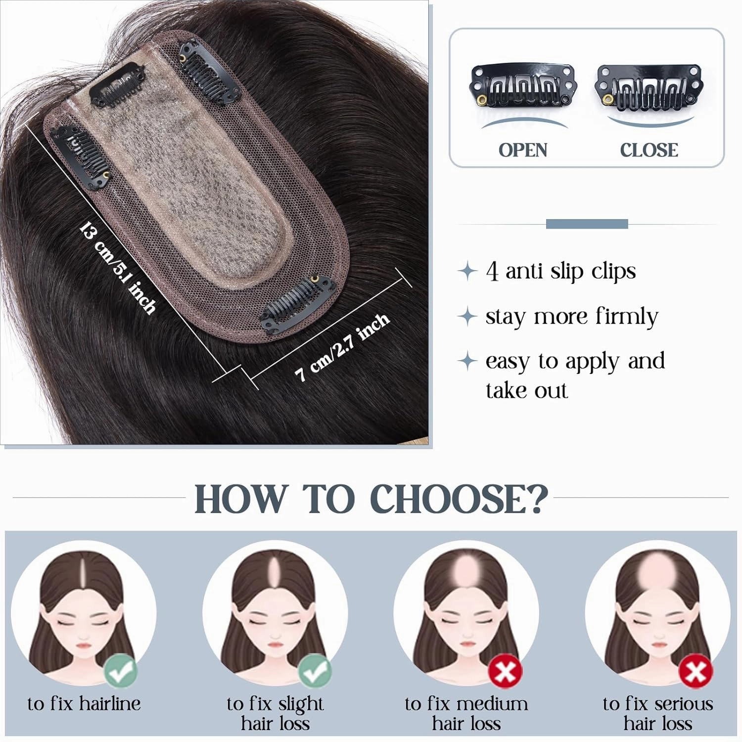 Benehair Human Hair Toppers for Women 100% Remy Human Hair 150% Density No Bangs Hair Topper 7 * 13 CM Silk Base Clip in Hair Pieces for Women 6 Inch #1B Natural Black