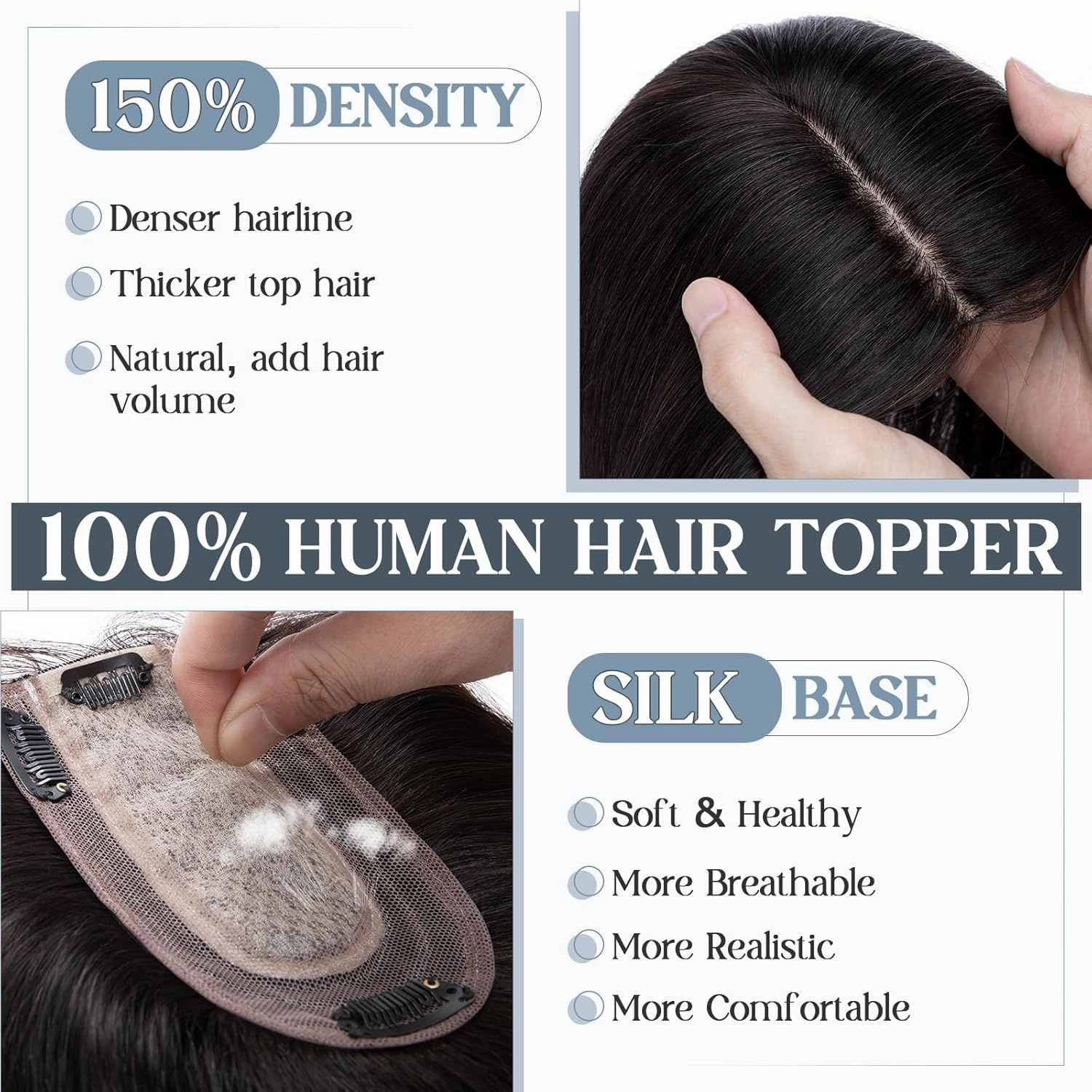 Benehair Human Hair Toppers for Women 100% Remy Human Hair 150% Density No Bangs Hair Topper 7 * 13 CM Silk Base Clip in Hair Pieces for Women 6 Inch #1B Natural Black