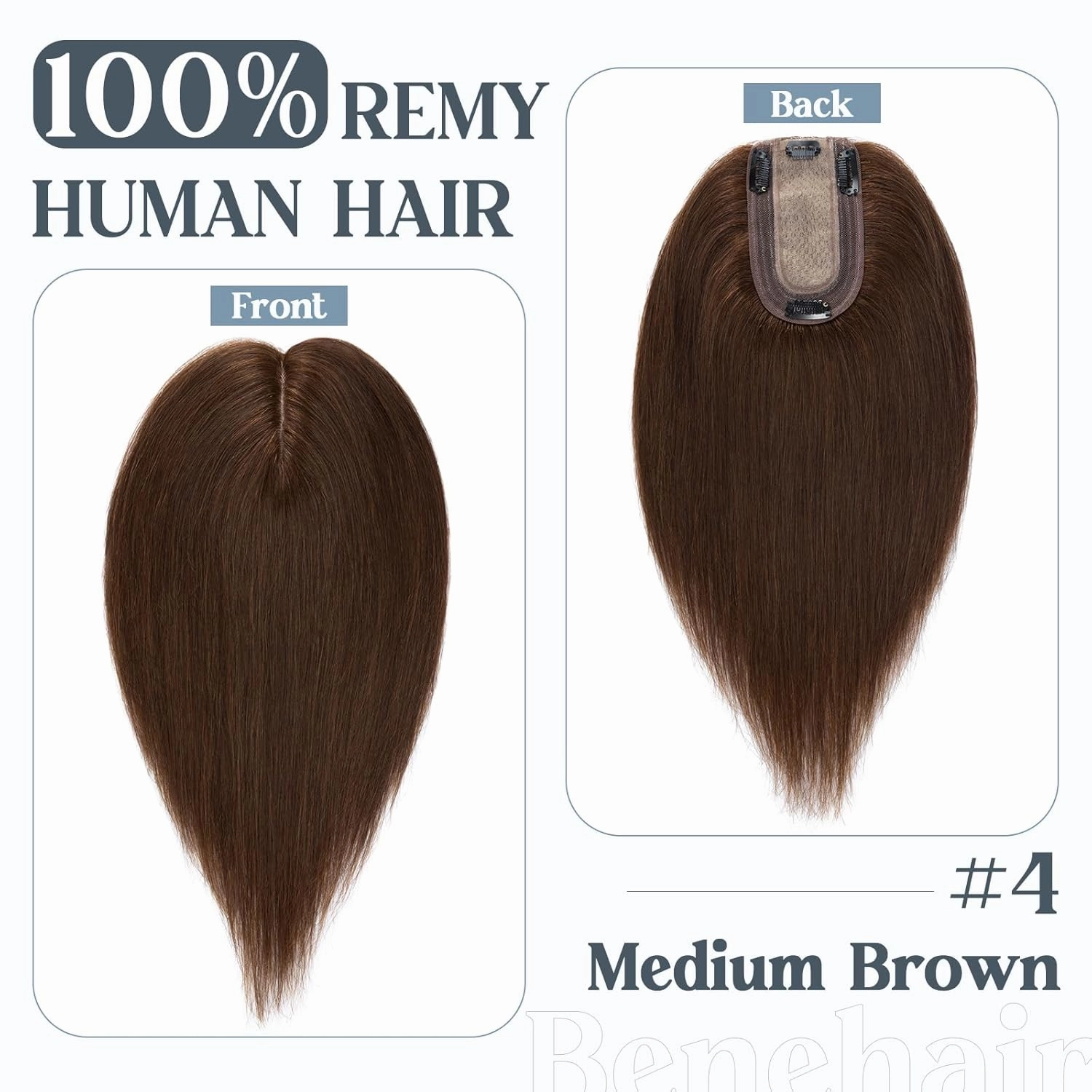Benehair Human Hair Toppers for Women 100% Remy Human Hair 150% Density No Bangs Hair Topper 7 * 13 CM Silk Base Clip in Hair Pieces for Women 6 Inch #4 Medium Brown