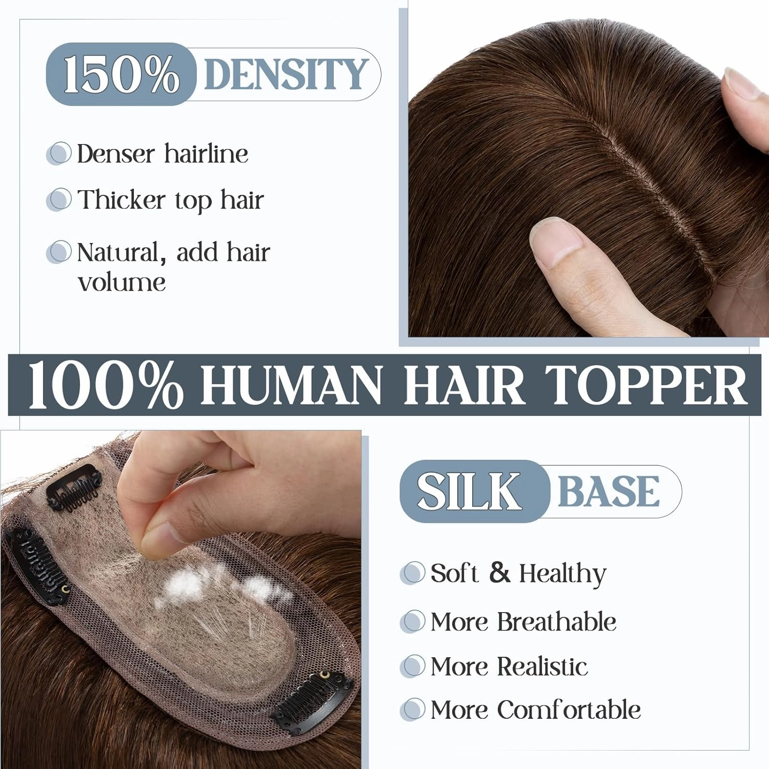 Benehair Human Hair Toppers for Women 100% Remy Human Hair 150% Density No Bangs Hair Topper 7 * 13 CM Silk Base Clip in Hair Pieces for Women 6 Inch #4 Medium Brown
