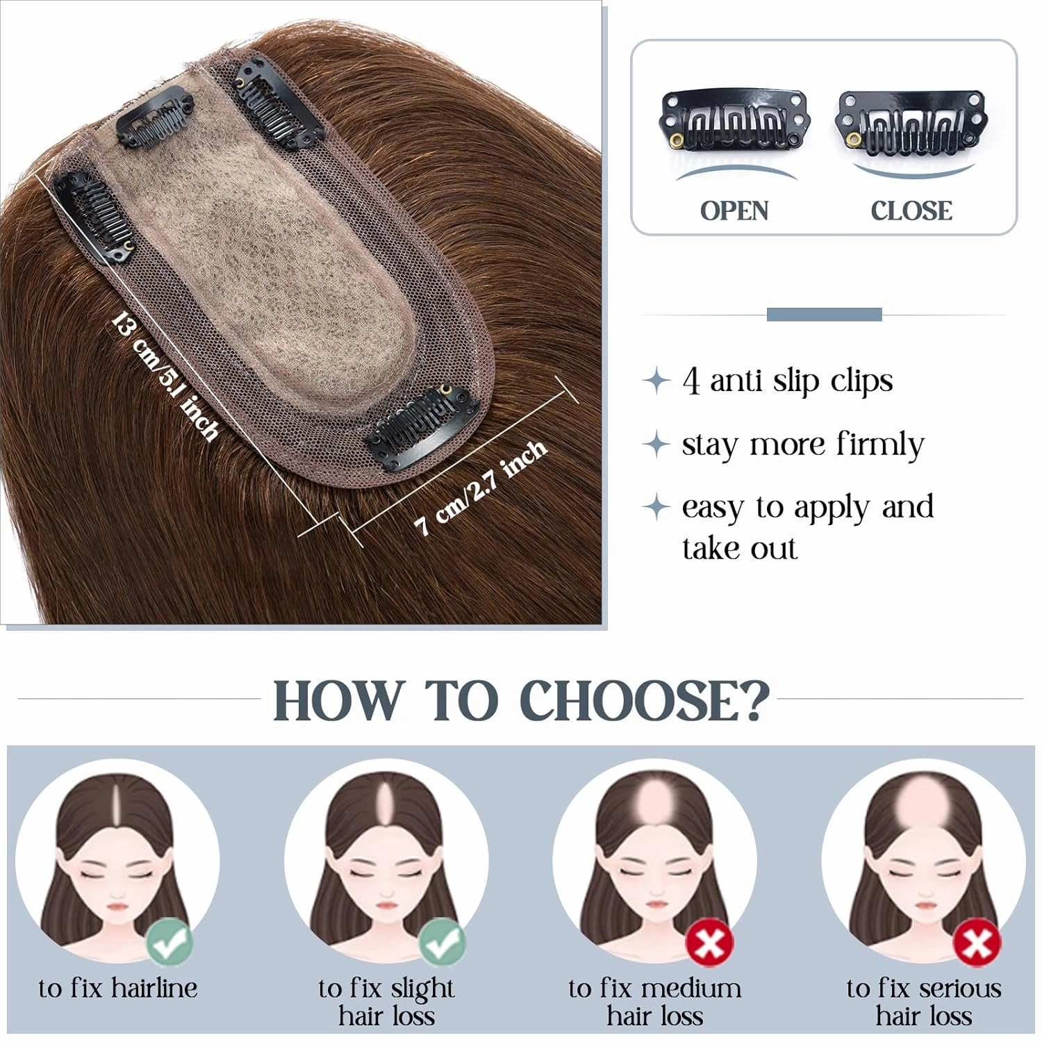 Benehair Human Hair Toppers for Women 100% Remy Human Hair 150% Density No Bangs Hair Topper 7 * 13 CM Silk Base Clip in Hair Pieces for Women 6 Inch #4 Medium Brown
