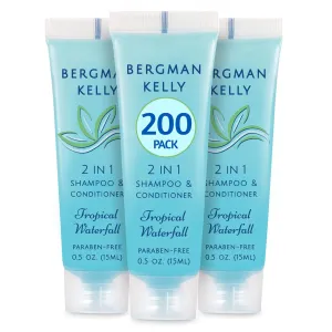 Bergman Kelly - Travel Size 2 in 1 Shampoo & Conditioner - 0.5 fl oz, 200 PK, Tropical Waterfall - Delight Your Guests w/Invigorating & Refreshing Shampoo Amenities - Small Hotel Toiletries in Bulk