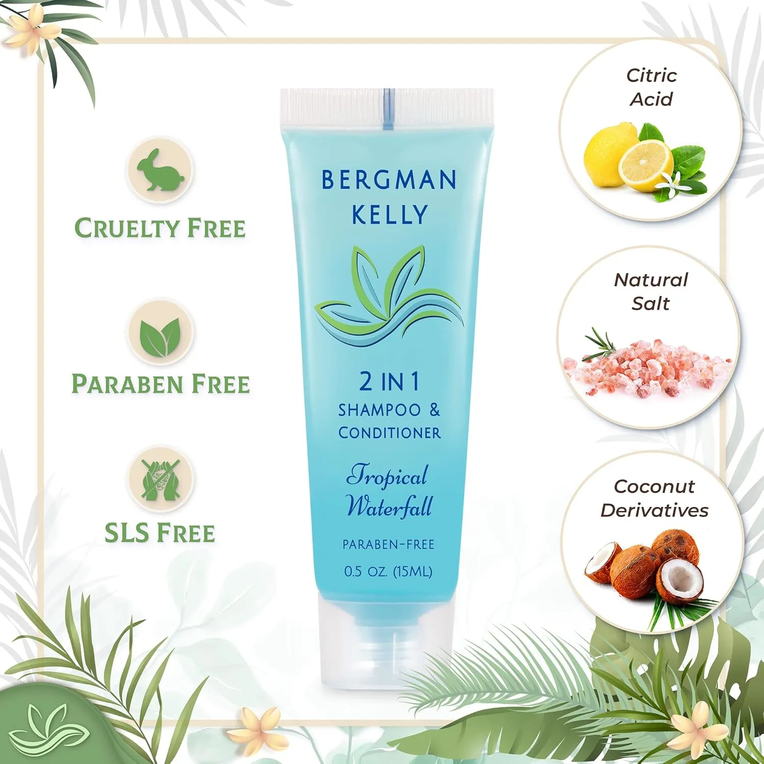 Bergman Kelly - Travel Size 2 in 1 Shampoo & Conditioner - 0.5 fl oz, 200 PK, Tropical Waterfall - Delight Your Guests w/Invigorating & Refreshing Shampoo Amenities - Small Hotel Toiletries in Bulk