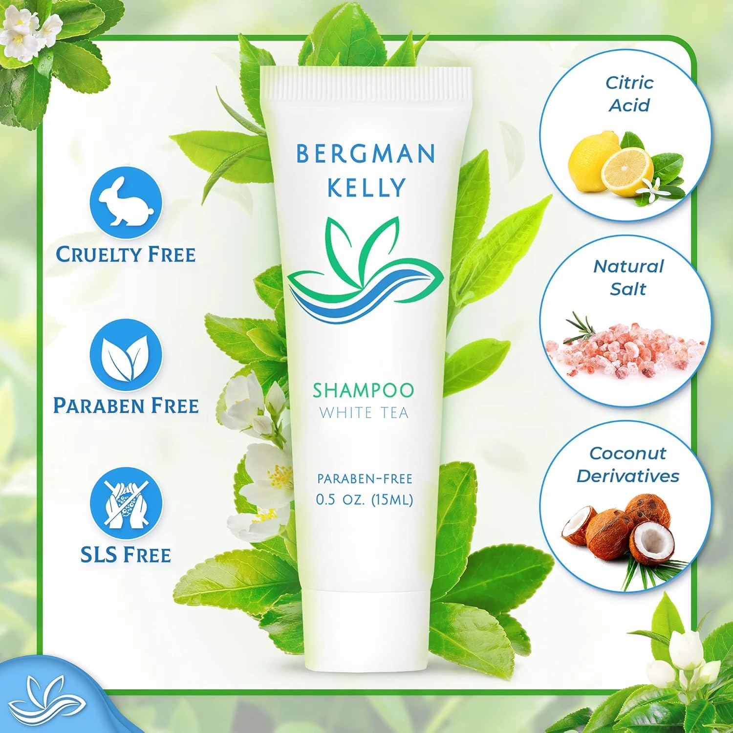 BERGMAN KELLY Round Hotel Soap Bars, Shampoo & Conditioner 3-Piece Set (0.5 oz each, 150 pc, White Tea), Delight Your Guests with Revitalizing & Refreshing Mini Travel Toiletries & Bulk Amenities