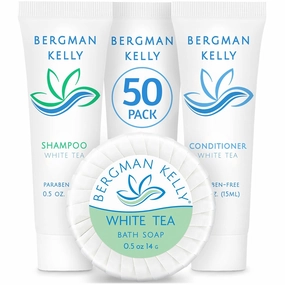 BERGMAN KELLY Round Hotel Soap Bars, Shampoo & Conditioner 3-Piece Set (0.5 oz each, 150 pc, White Tea), Delight Your Guests with Revitalizing & Refreshing Mini Travel Toiletries & Bulk Amenities