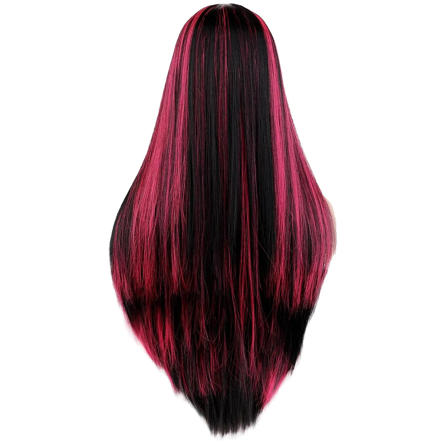 BERON Black Highlightes Pink Wigs Straight Long Wigs with Bangs Women Black Fashion Heat Resistant Synthetic Natural Looking Wig for Cosplay Party or Daily