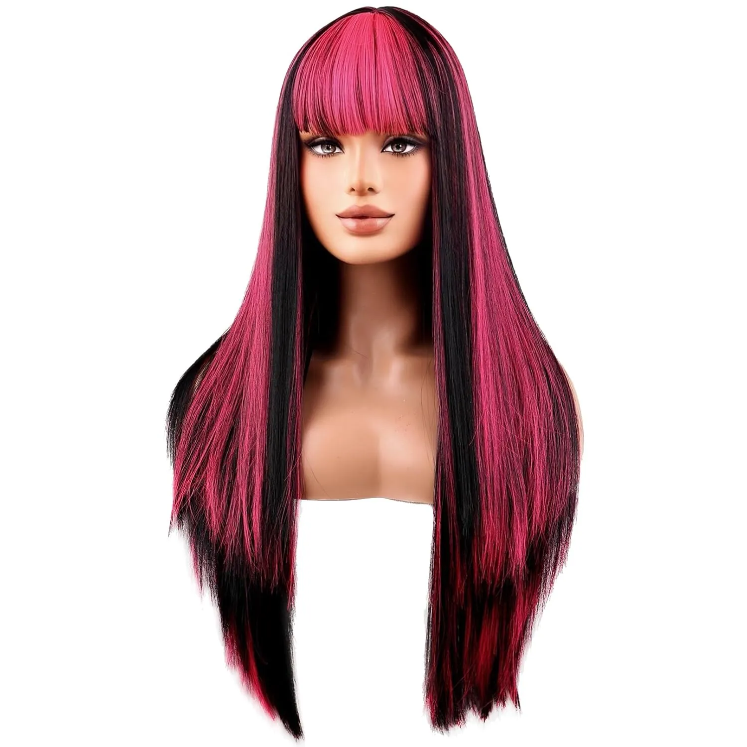 BERON Black Highlightes Pink Wigs Straight Long Wigs with Bangs Women Black Fashion Heat Resistant Synthetic Natural Looking Wig for Cosplay Party or Daily