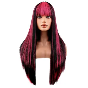 BERON Black Highlightes Pink Wigs Straight Long Wigs with Bangs Women Black Fashion Heat Resistant Synthetic Natural Looking Wig for Cosplay Party or Daily