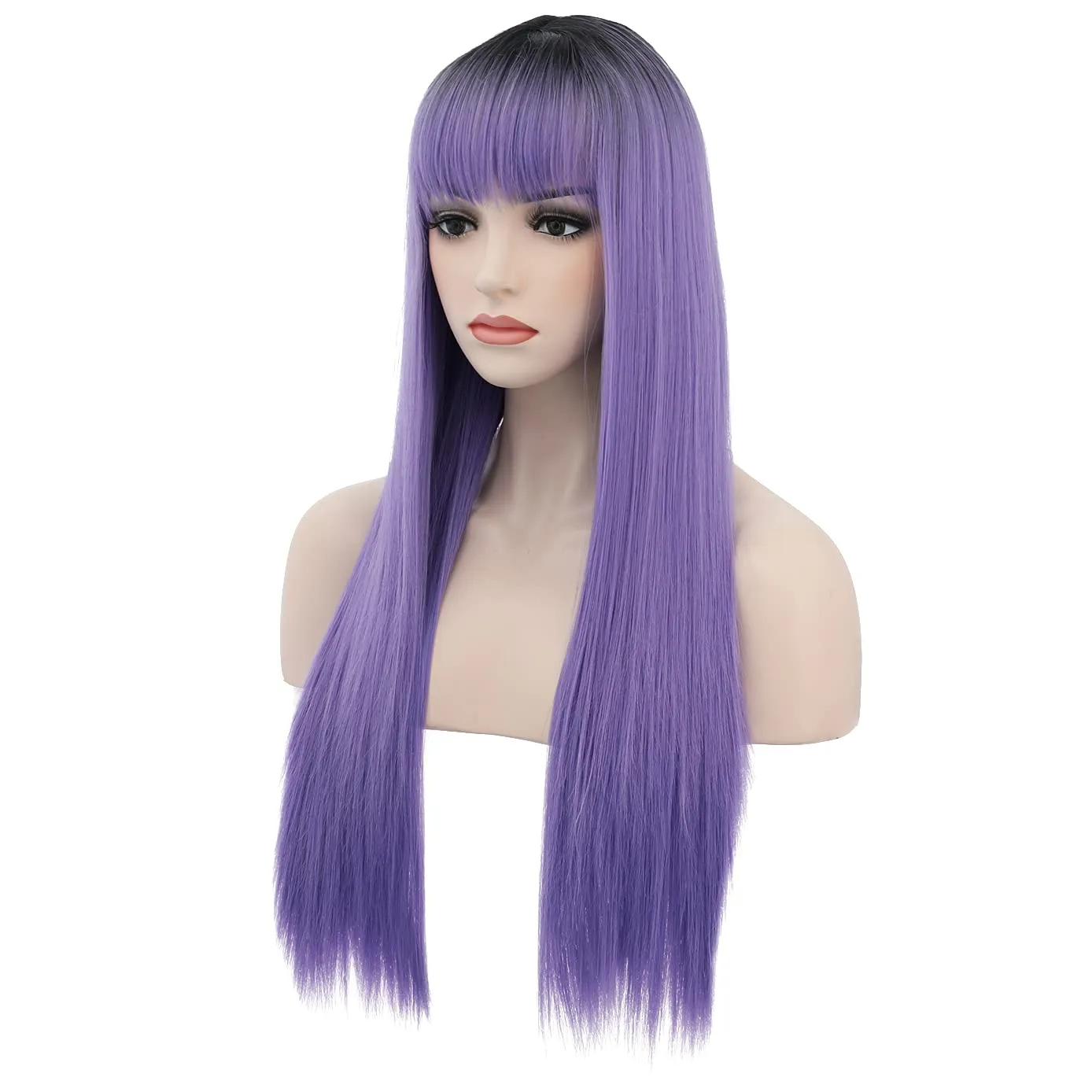 BERON Black Ombre Purple Wigs Straight Long Hair Wigs with Bangs Women Fashion Heat Resistant Synthetic Natural Looking Wig for Cosplay Party or Daily Use