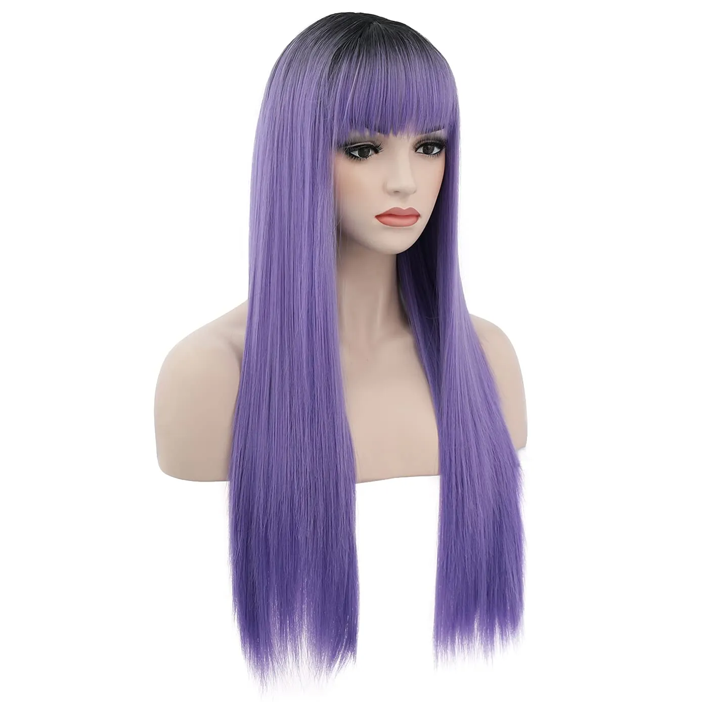 BERON Black Ombre Purple Wigs Straight Long Hair Wigs with Bangs Women Fashion Heat Resistant Synthetic Natural Looking Wig for Cosplay Party or Daily Use