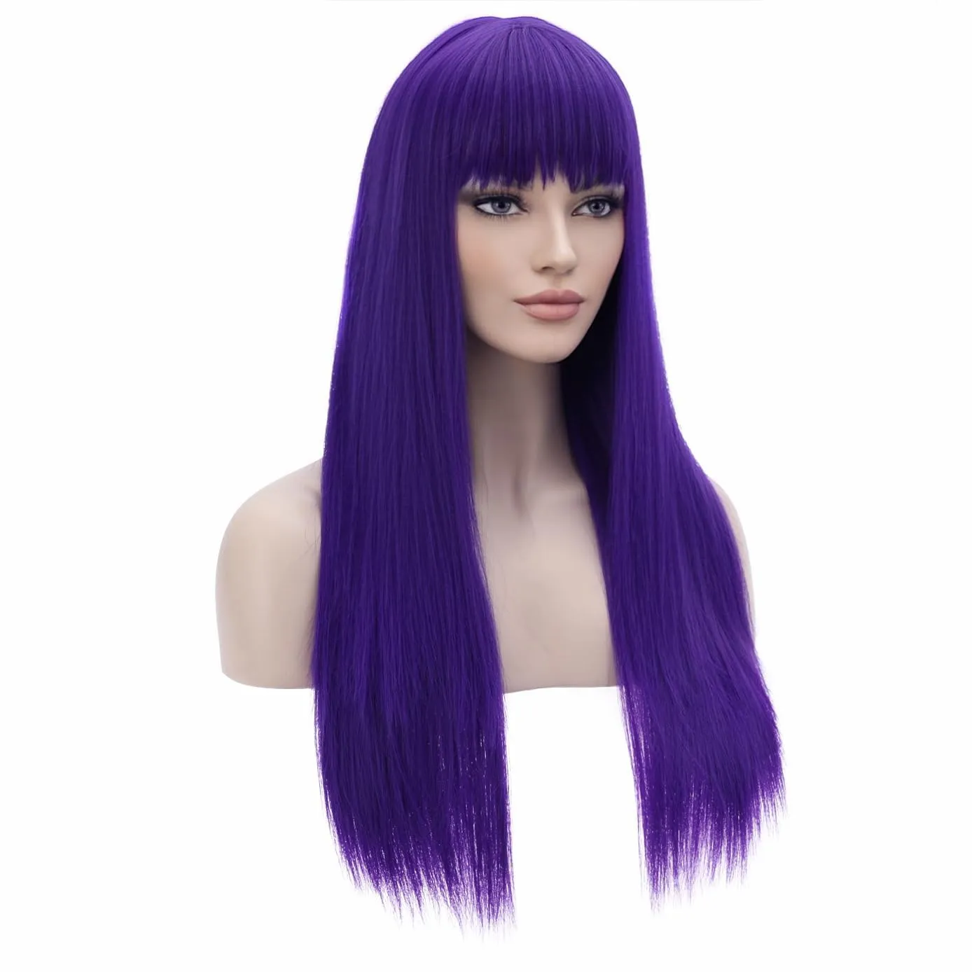 BERON Dark Purple Wigs Straight Long Hair Wigs with Bangs Women Fashion Heat Resistant Synthetic Natural Looking Wig for Cosplay Party or Daily Use