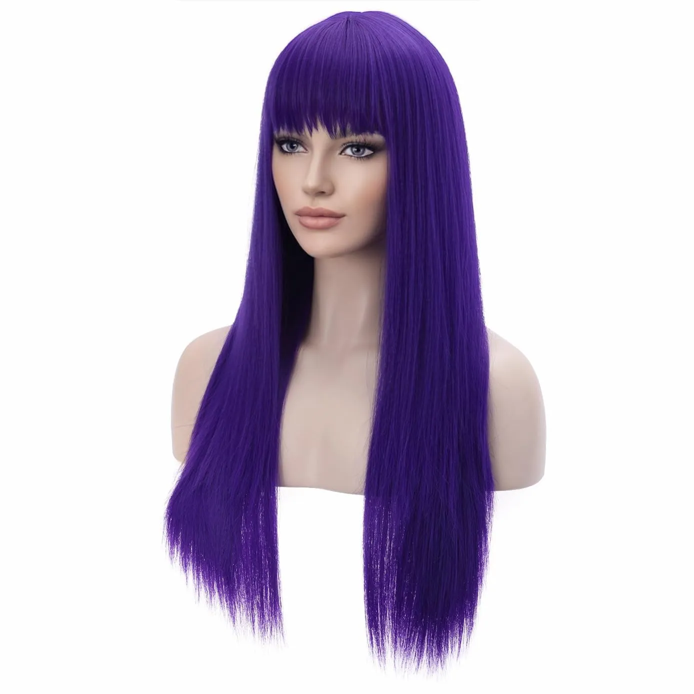 BERON Dark Purple Wigs Straight Long Hair Wigs with Bangs Women Fashion Heat Resistant Synthetic Natural Looking Wig for Cosplay Party or Daily Use
