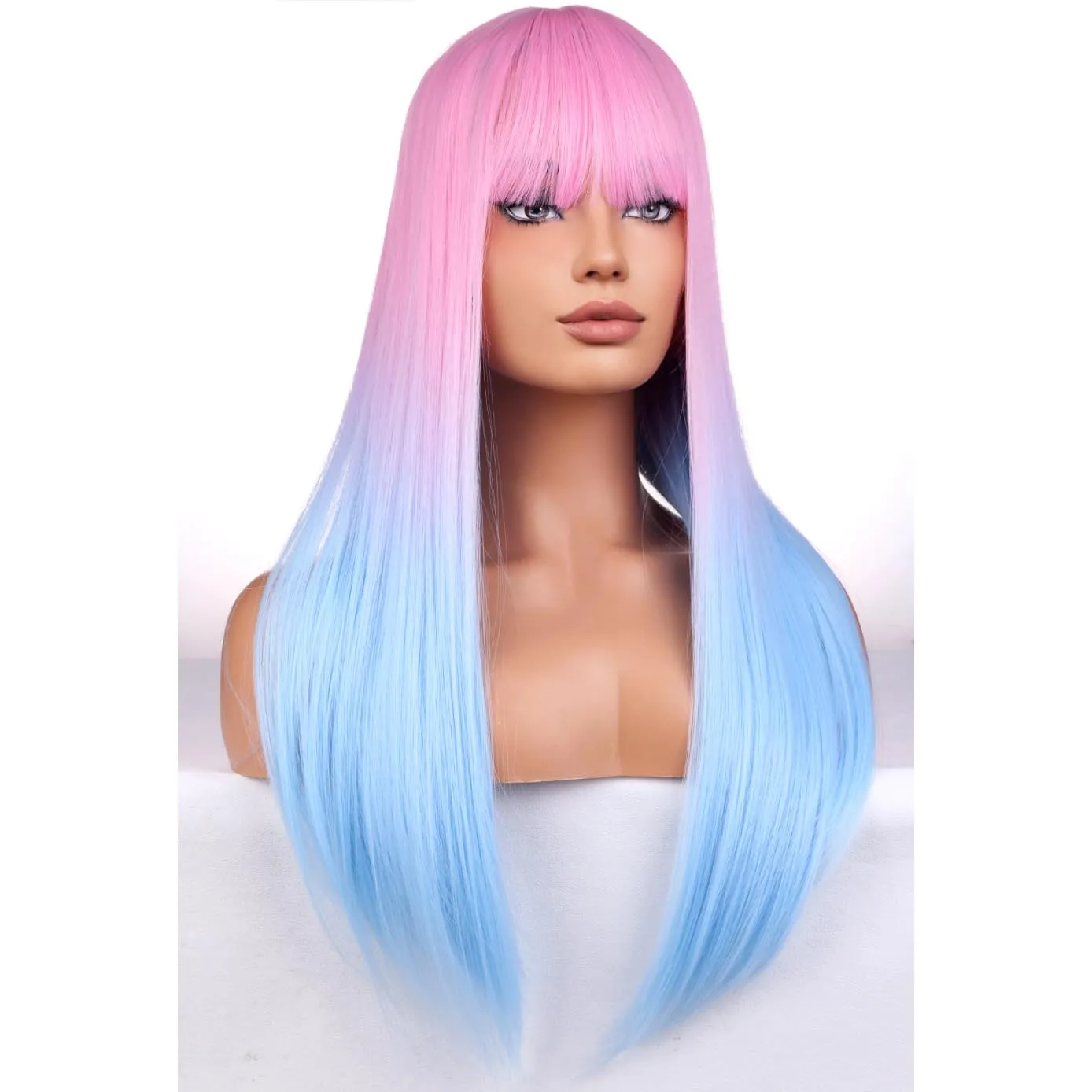 BERON Pink and Blue Long Wigs for Women Straight Girls Costume Hair Wig with Bangs Pink Ombre Blue Colorful Heat Resistant Synthetic for Cosplay Party or Daily Use Wig