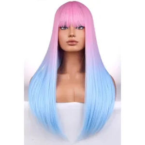 BERON Pink and Blue Long Wigs for Women Straight Girls Costume Hair Wig with Bangs Pink Ombre Blue Colorful Heat Resistant Synthetic for Cosplay Party or Daily Use Wig