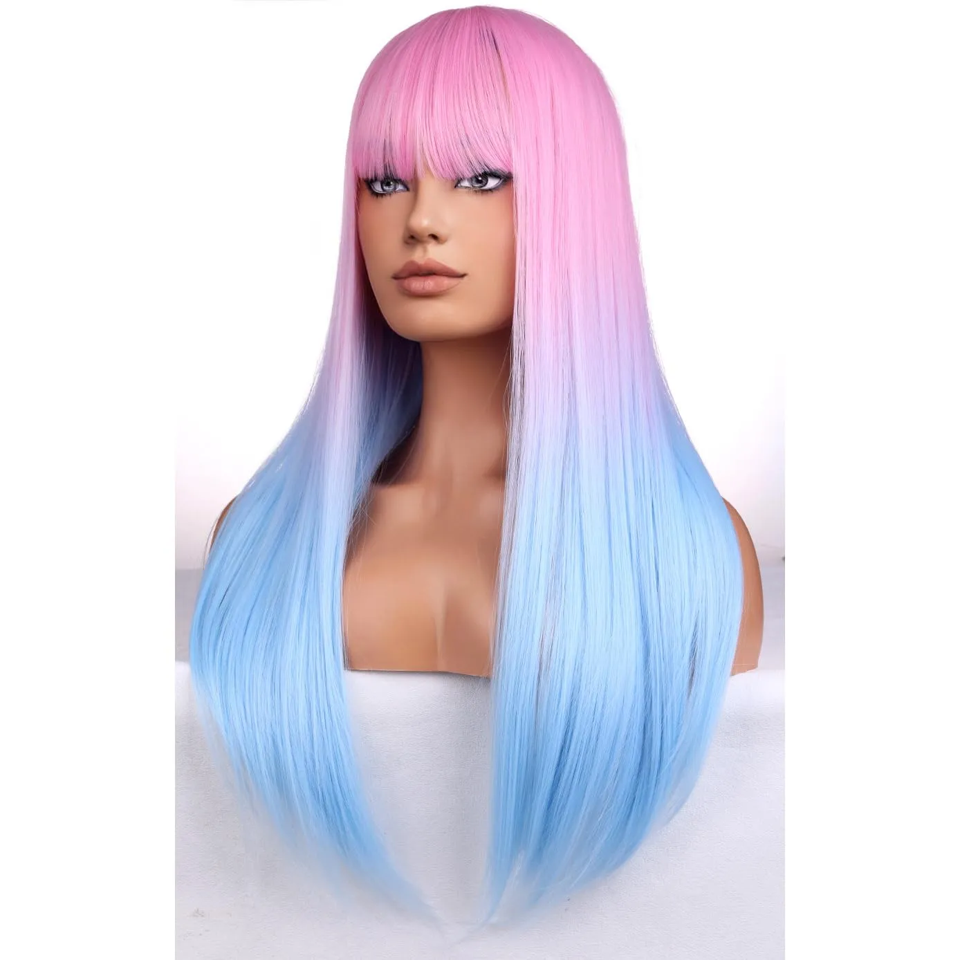 BERON Pink and Blue Long Wigs for Women Straight Girls Costume Hair Wig with Bangs Pink Ombre Blue Colorful Heat Resistant Synthetic for Cosplay Party or Daily Use Wig