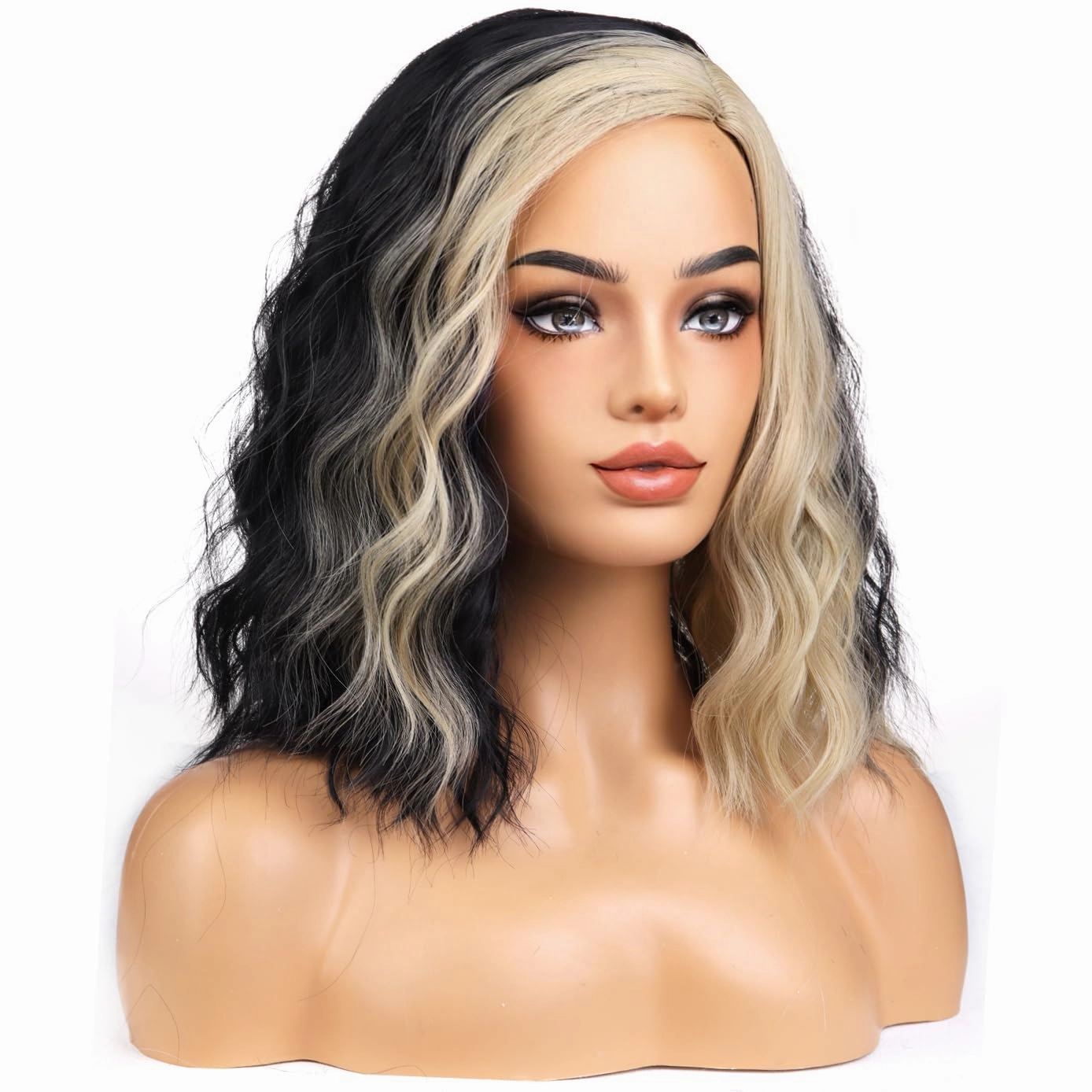 BERON Black and Blonde Wigs for Women Short Curly Wavy Hair Wig Girls Mixed Color Synthetic Costume Cosplay or Use Wig