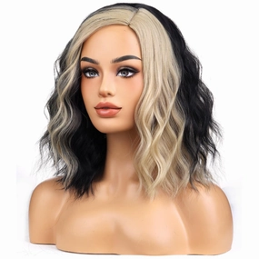 BERON Black and Blonde Wigs for Women Short Curly Wavy Hair Wig Girls Mixed Color Synthetic Costume Cosplay or Use Wig
