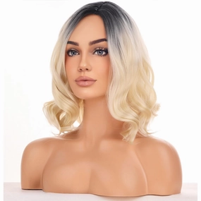 BERON Blonde Ombre Women Wig Girls Short Curly Wavy Hair Wigs Dark Roots Shoulder Length Synthetic Wigs for Daily or Cosplay Use